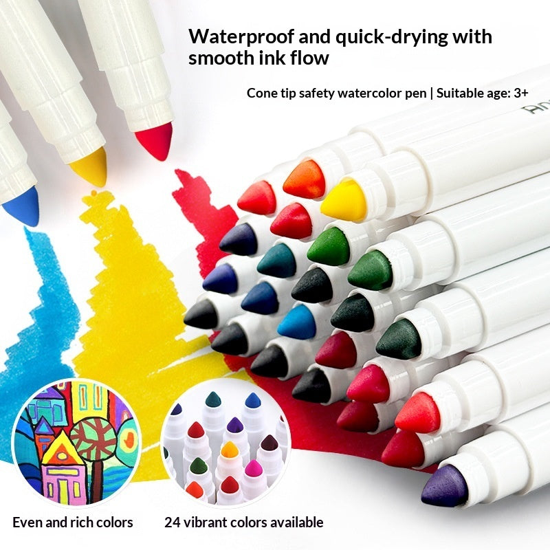 ⭐ Rotuladores Acuarelables Súper Lavables para Niños | Pack 24 Colores, Punta Cónica, No Tóxicos | Ideal para Dibujo, Arte y Escuela | Cubo Portátil
