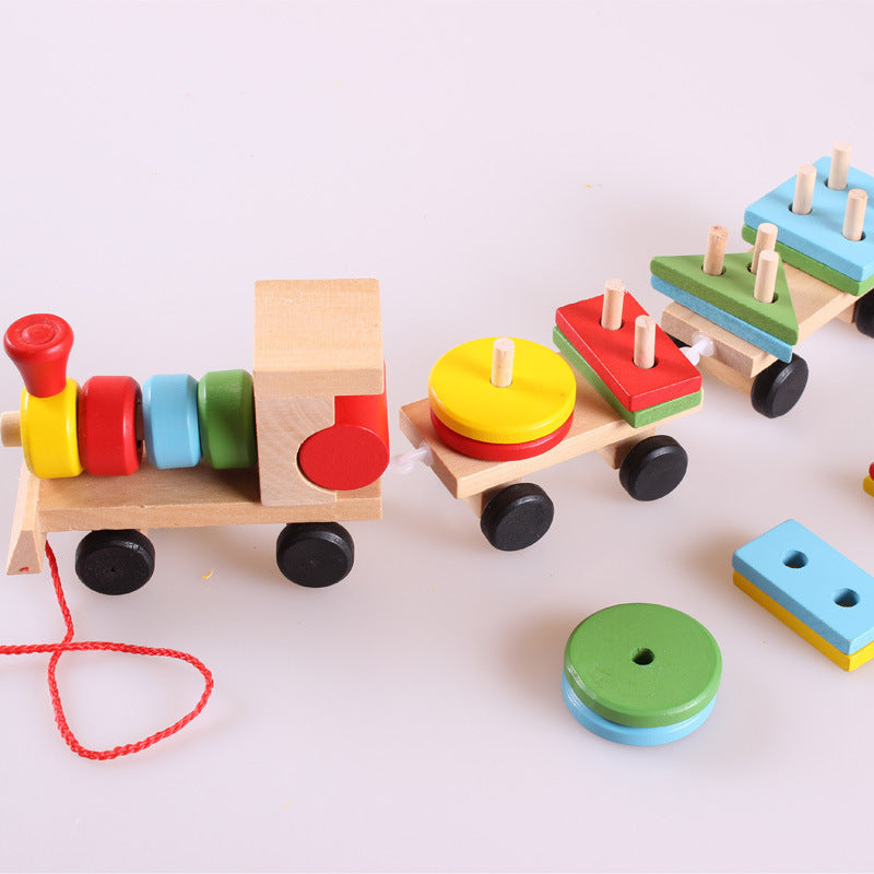 ⭐Tren de Madera Educativo para Niños | Tractor de Tres Secciones con 16 Bloques de Formas | Juguete Montessori de Arrastre y Encaje (1–6 Años)