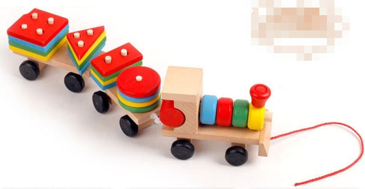 ⭐Tren de Madera Educativo para Niños | Tractor de Tres Secciones con 16 Bloques de Formas | Juguete Montessori de Arrastre y Encaje (1–6 Años)