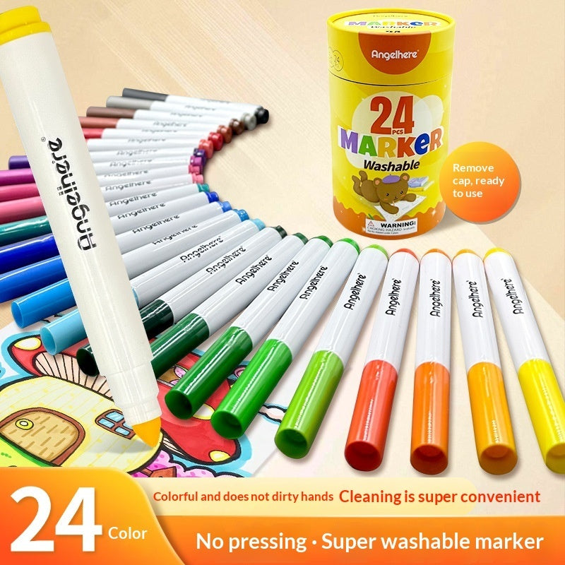 ⭐ Rotuladores Acuarelables Súper Lavables para Niños | Pack 24 Colores, Punta Cónica, No Tóxicos | Ideal para Dibujo, Arte y Escuela | Cubo Portátil