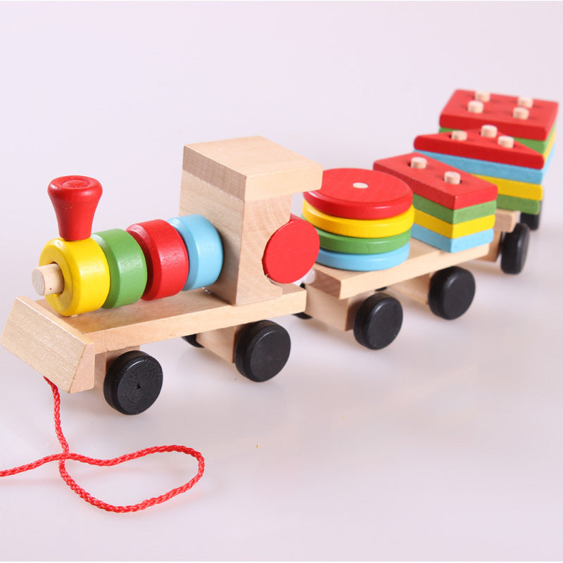 ⭐Tren de Madera Educativo para Niños | Tractor de Tres Secciones con 16 Bloques de Formas | Juguete Montessori de Arrastre y Encaje (1–6 Años)