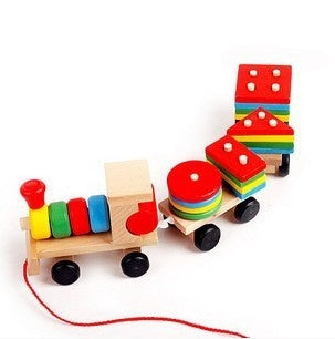 ⭐Tren de Madera Educativo para Niños | Tractor de Tres Secciones con 16 Bloques de Formas | Juguete Montessori de Arrastre y Encaje (1–6 Años)