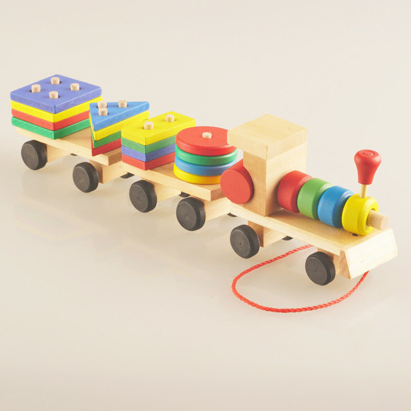 ⭐Tren de Madera Educativo para Niños | Tractor de Tres Secciones con 16 Bloques de Formas | Juguete Montessori de Arrastre y Encaje (1–6 Años)
